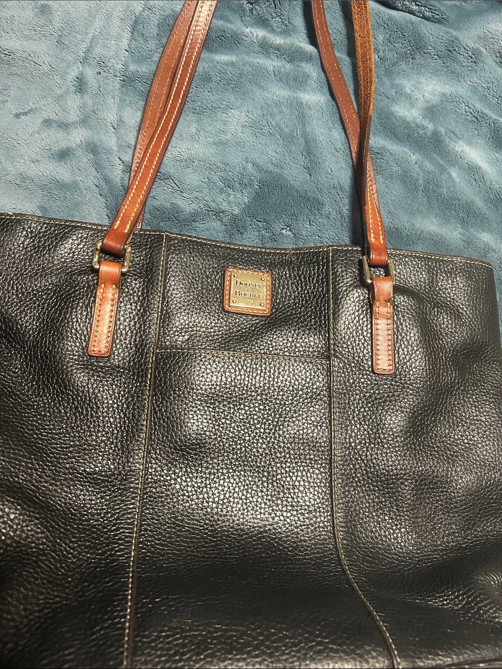 Dooney & Bourke Black Leather Tote with Tan Straps